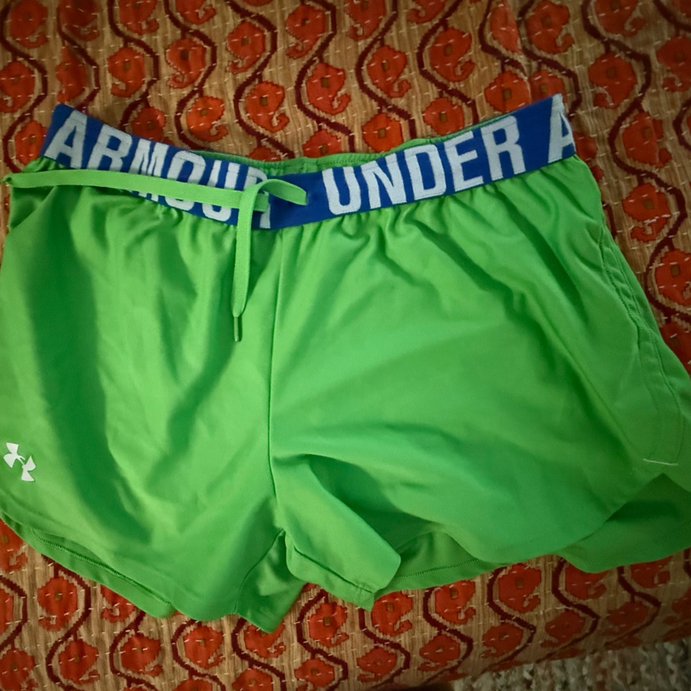 Under Armour Neon Green Women's Athletic Shorts with Blue Waistband